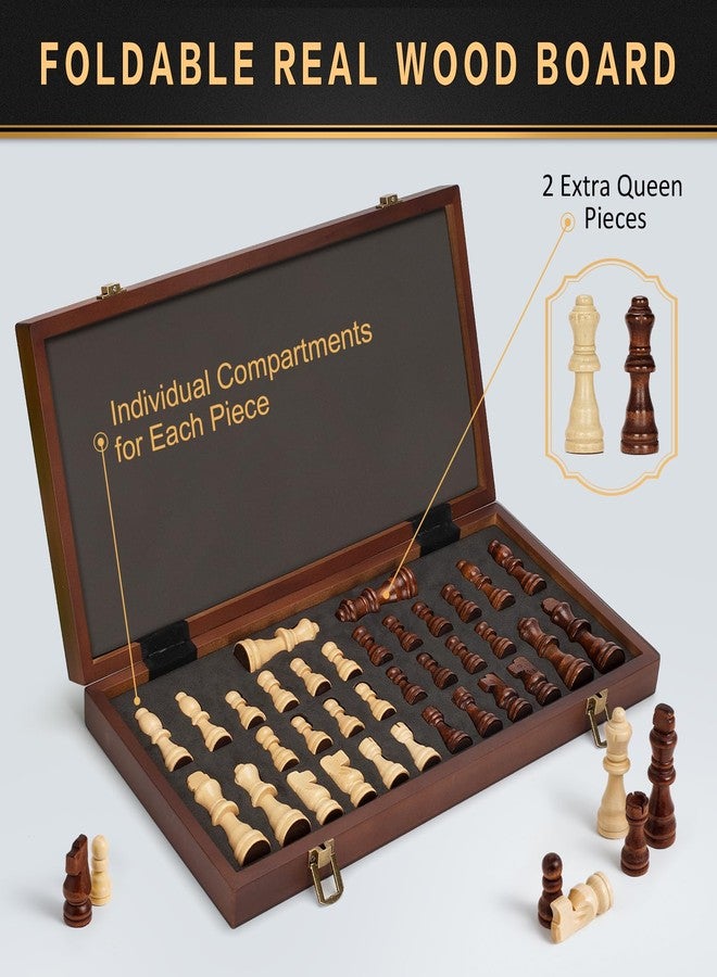 Jumlys Magnetic Wooden Chess Set, 15" Folding Chess Board with 2 Extra Queens, Portable Travel Chess Set with Pieces Storage Slots, Beginner Chess Board Game for Adults & Kids - Image 4